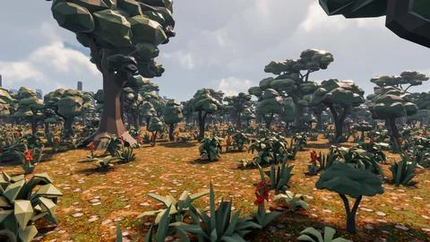 3D Render low Polygon background with natural landscape jungle scenery Illustrazione stock