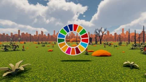 3D Render low Polygon background with natural landscape scenery and SDG Wheel Stock Illustration