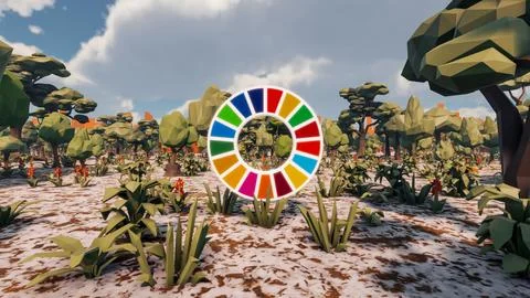 3D Render low Polygon background with natural landscape scenery and SDG Wheel Illustrazione stock