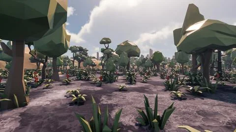 3D Render low Polygon background with natural landscape scenery and burnt s.. Stock Illustration