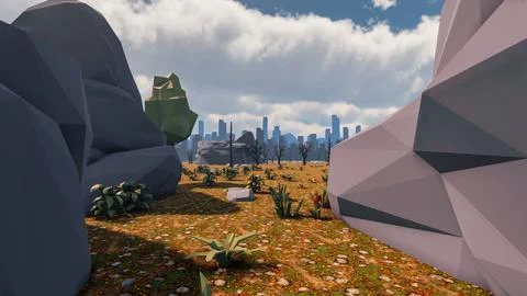 3D Render low Polygon background with natural landscape savannah and grey r.. Stock Illustration