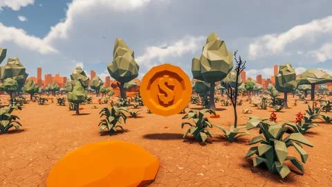 3D Render low Polygon background with natural landscape scenery and Dollar .. Stock Illustration