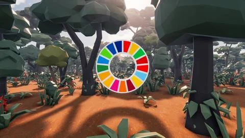 3D Render low Polygon background with natural landscape scenery and SDG Wheel Stock Illustration