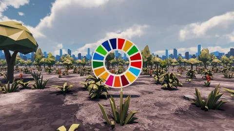 3D Render low Polygon background with natural landscape scenery and SDG Wheel Stock Illustration