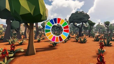 3D Render low Polygon background with natural landscape scenery and SDG Wheel Stock Illustration
