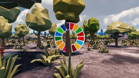 3D Render low Polygon background with natural landscape scenery and SDG Wheel Stock Illustration