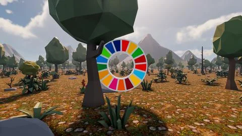 3D Render low Polygon background with natural landscape scenery and SDG Wheel Stock Illustration