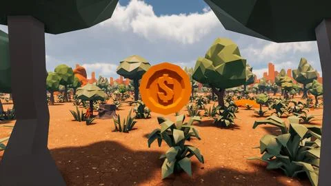 3D Render low Polygon background with natural landscape scenery and Dollar .. Stock Illustration