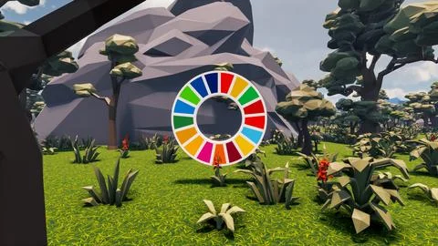 3D Render low Polygon background with natural landscape scenery and SDG Wheel Stock Illustration