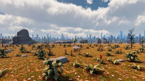 3D Render low Polygon background with natural landscape savannah and grey r.. Stock Illustration