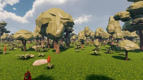 3D Render low Polygon background with natural landscape forest scenery Stock Illustration