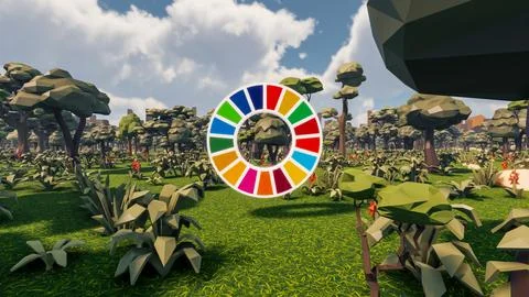 3D Render low Polygon background with natural landscape scenery and SDG Wheel Stock Illustration