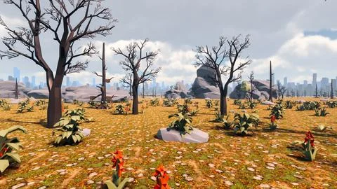 3D Render low Polygon background with natural landscape savannah and grey r.. Stock Illustration