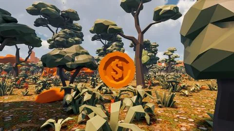 3D Render low Polygon background with natural landscape scenery and Dollar .. Stock Illustration