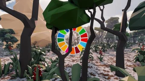 3D Render low Polygon background with natural landscape scenery and SDG Wheel Stock Illustration
