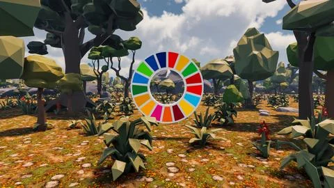 3D Render low Polygon background with natural landscape scenery and SDG Wheel Stock Illustration
