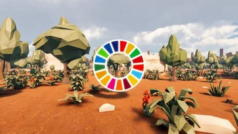3D Render low Polygon background with natural landscape scenery and SDG Wheel Stock Illustration
