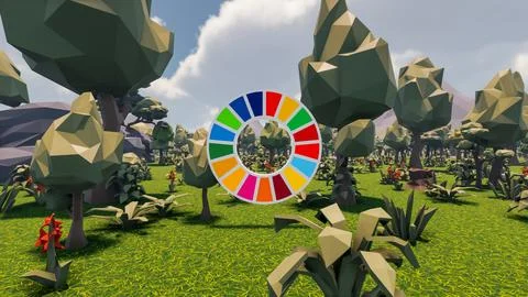 3D Render low Polygon background with natural landscape scenery and SDG Wheel Stock Illustration