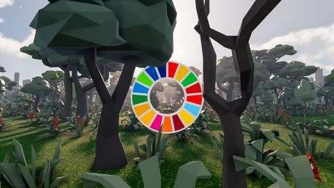 3D Render low Polygon background with natural landscape scenery and SDG Wheel Stock Illustration