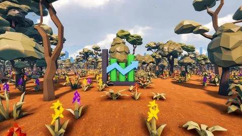 3D Render low Polygon background with natural landscape scenery and growth .. Stock Illustration