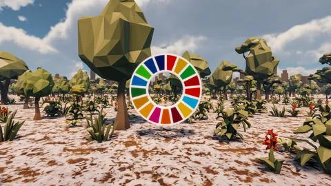 3D Render low Polygon background with natural landscape scenery and SDG Wheel Stock Illustration