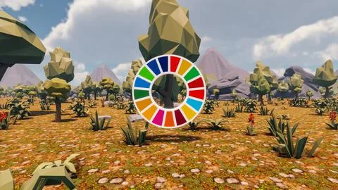 3D Render low Polygon background with natural landscape scenery and SDG Wheel Stock Illustration