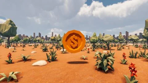 3D Render low Polygon background with natural landscape scenery and Dollar .. Illustrazione stock