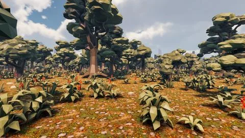 3D Render low Polygon background with natural landscape jungle scenery Illustrazione stock