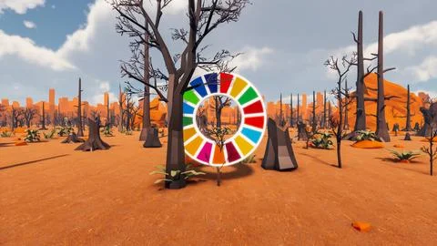 3D Render low Polygon background with natural landscape scenery and SDG Wheel Stock Illustration