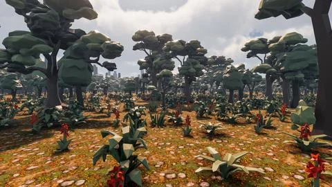 3D Render low Polygon background with natural landscape jungle scenery Illustrazione stock