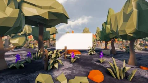 3D Render low Polygon background with natural landscape scenery and blank can 스톡 일러스트