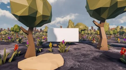 3D Render low Polygon background with natural landscape scenery and blank can Illustrazione stock