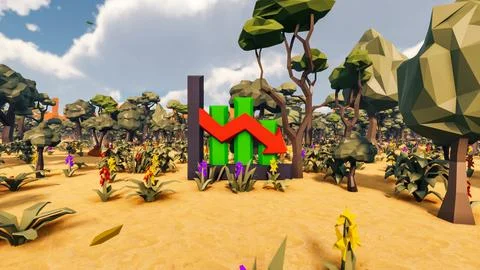 3D Render low Polygon background with natural landscape scenery and decay cha Stock Illustration