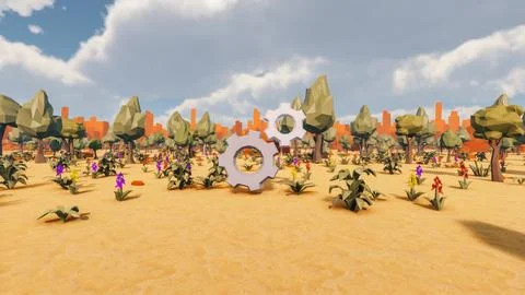3D Render low Polygon background with natural landscape scenery and gearing 스톡 일러스트