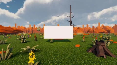 3D Render low Polygon background with natural landscape scenery and blank can Illustrazione stock