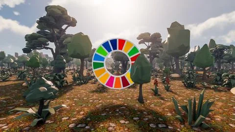 3D Render low Polygon background with natural landscape scenery and SDG Wheel Stock Illustration