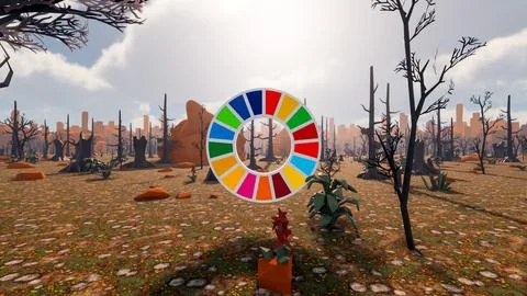 3D Render low Polygon background with natural landscape scenery and SDG Wheel Stock Illustration