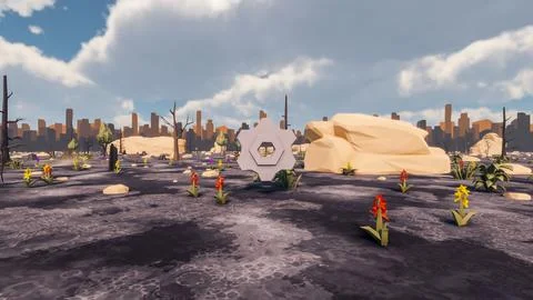 3D Render low Polygon background with natural landscape scenery and gearing Stock Illustration