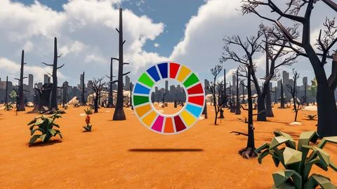 3D Render low Polygon background with natural landscape scenery and SDG Wheel Stock Illustration
