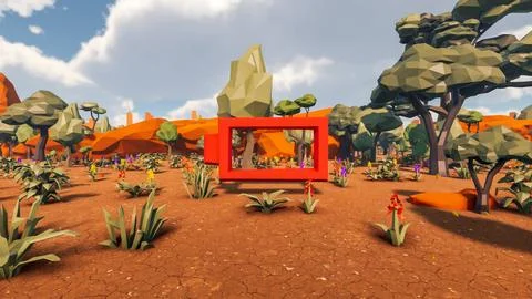 3D Render low Polygon background with natural landscape scenery and empty r.. Illustrazione stock