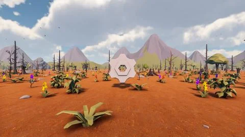 3D Render low Polygon background with natural landscape scenery and gearing Stock Illustration