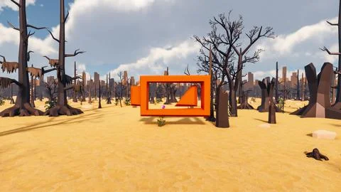 3D Render low Polygon background with natural landscape scenery and orange .. Stock Illustration