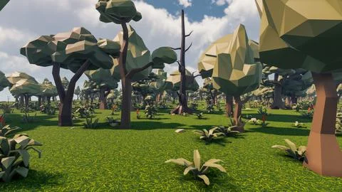 3D Render low Polygon background with natural landscape forest scenery Illustrazione stock