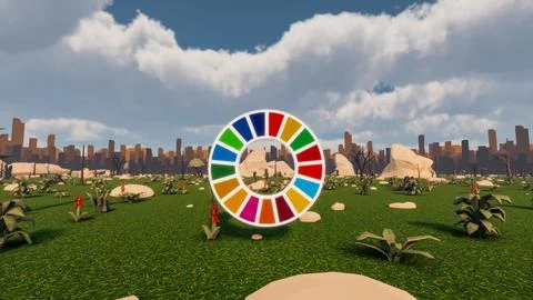 3D Render low Polygon background with natural landscape scenery and SDG Wheel Stock Illustration