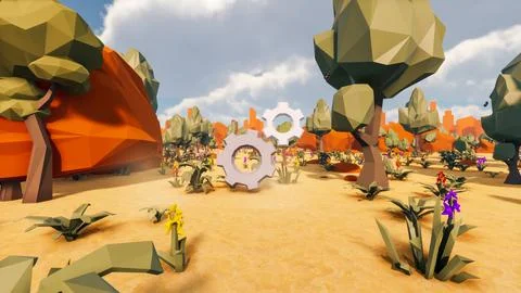 3D Render low Polygon background with natural landscape scenery and gearing 스톡 일러스트