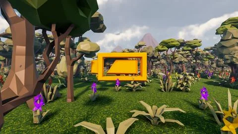 3D Render low Polygon background with natural landscape scenery and  icon o.. Illustrazione stock