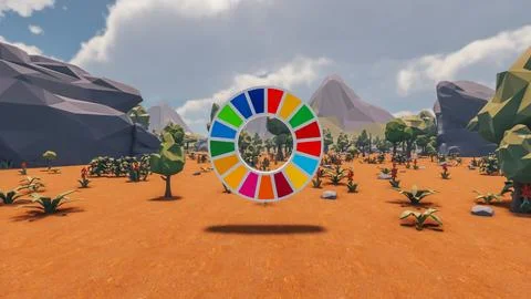 3D Render low Polygon background with natural landscape scenery and SDG Wheel 스톡 일러스트