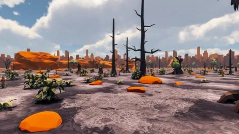 3D Render low Polygon background with natural landscape scenery and burnt s.. Stock Illustration