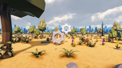 3D Render low Polygon background with natural landscape scenery and gearing Illustrazione stock