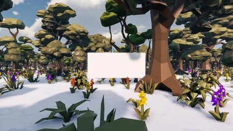 3D Render low Polygon background with natural landscape scenery and blank can Stock Illustration